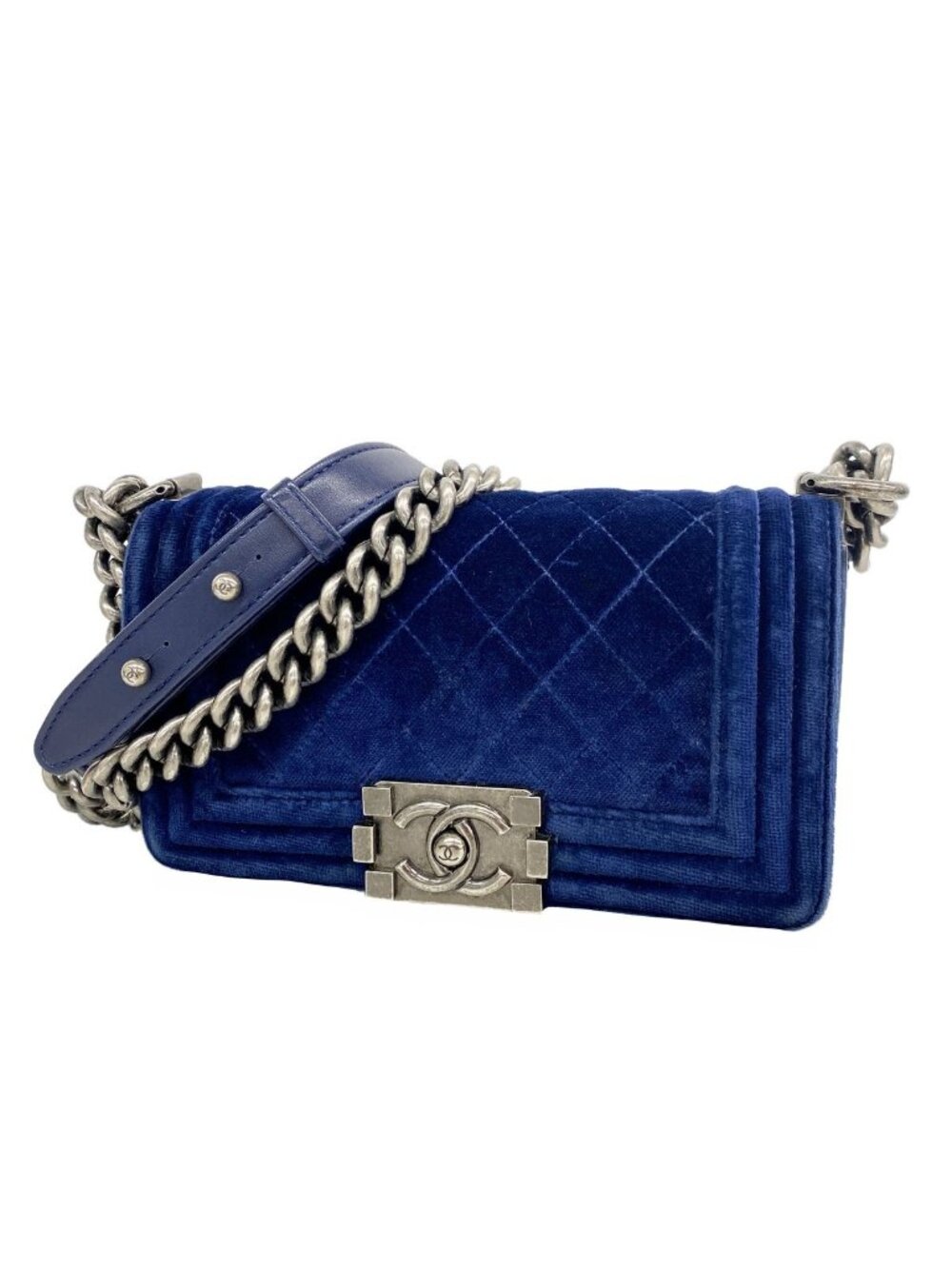 Chanel Shoulder Bag Boy Suede Navy Silver